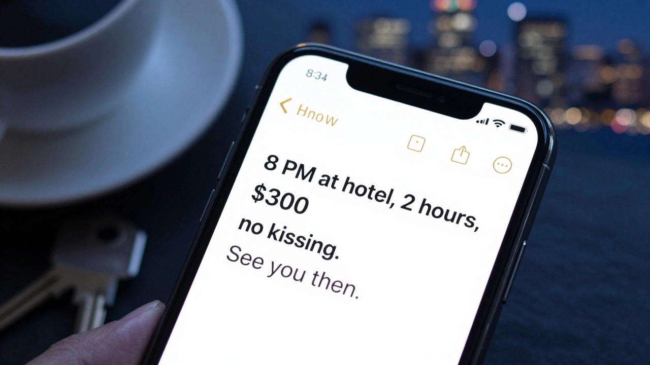 A smartphone screen displaying a clear service confirmation message with city lights in the background.