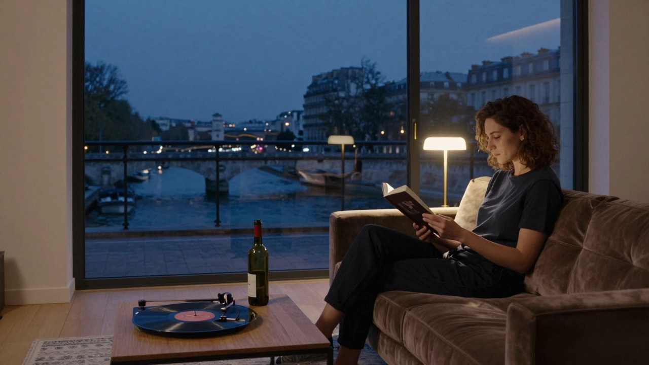 A woman reads aloud in a serene Paris apartment at night, soft lamplight illuminating a shared moment of quiet connection.