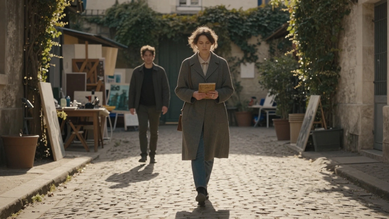 A woman walks through Montmartre&#039;s hidden courtyards holding a book, golden hour light casting long shadows.